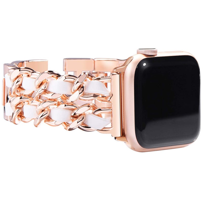 NewWays for Apple Watch Band Series 10 46mm 45mm 44mm 42mm Series3 4 5 6 7 8 9 Ultra 49mm, Jewelry Bracelet for iWatch Band for Women, Rose Gold Link with White Leather - Image 1
